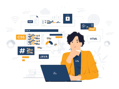 vector-concept-illustration-programmer-engineer-with-laptop-sitting-office-desk-holding-pen-while-coding-developing-flat-cartoon-style_270158-379